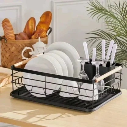 Black Iron Dish Drainer Kitchen Countertop Storage Rack Sink Tray