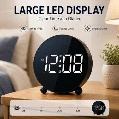 LED Digital Alarm Clock with Large Clear Display and Modern Round