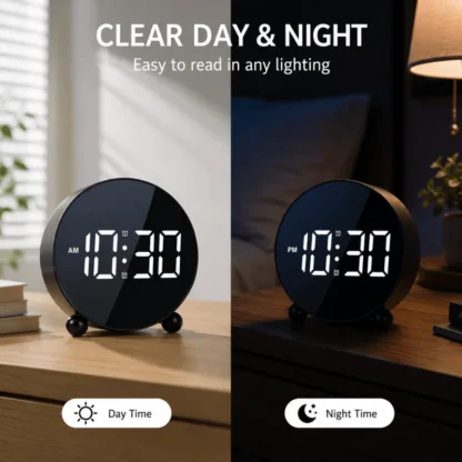 LED Digital Alarm Clock with Large Clear Display and Modern Round
