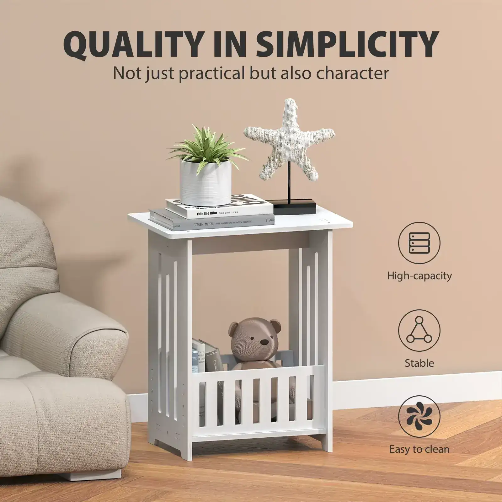 EFAN white narrow bedside table, waterproof modern nightstand with compact storage