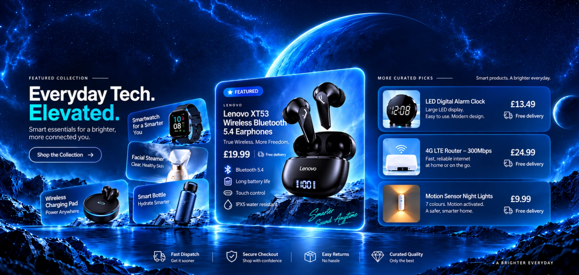 Horizon Superstore homepage banner showcasing earbuds, smartwatch, wireless charger, router and smart home technology